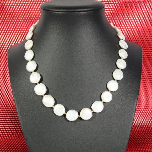 Freshwater Coin Pearls Necklace and .925 Sterling Silver - Picture 4 of 13